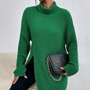Turtleneck Drop Shoulder Split Hem Sweater